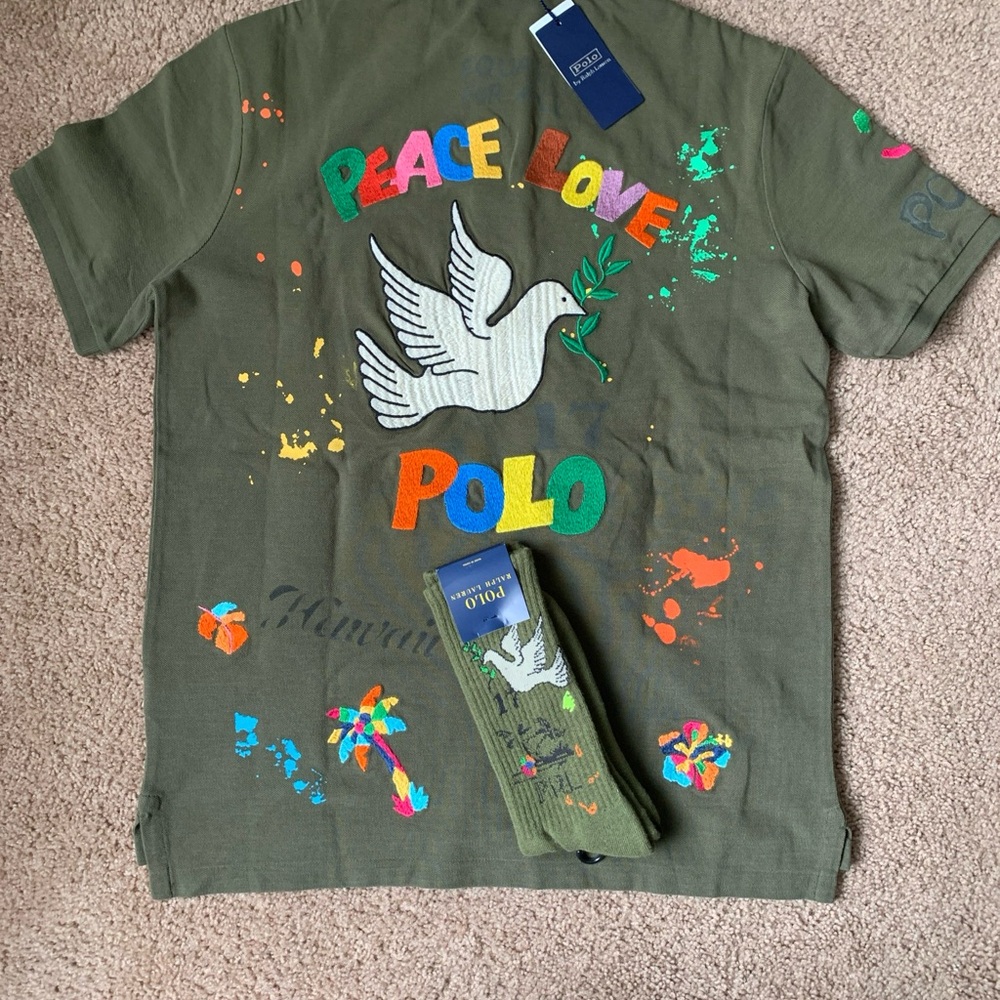 Polo Ralph Lauren Peace Love Embroidered Patch Polo Shirt Men's Size S Green